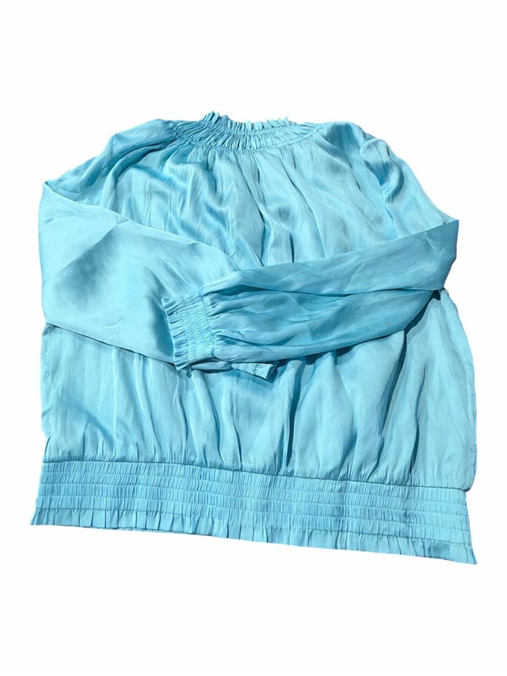 Chico’s Size 1 Aqua Blue Ruched Zip-Up Jacket Smocked Neck Cuffs Hem 100% Poly - Picture 3 of 4